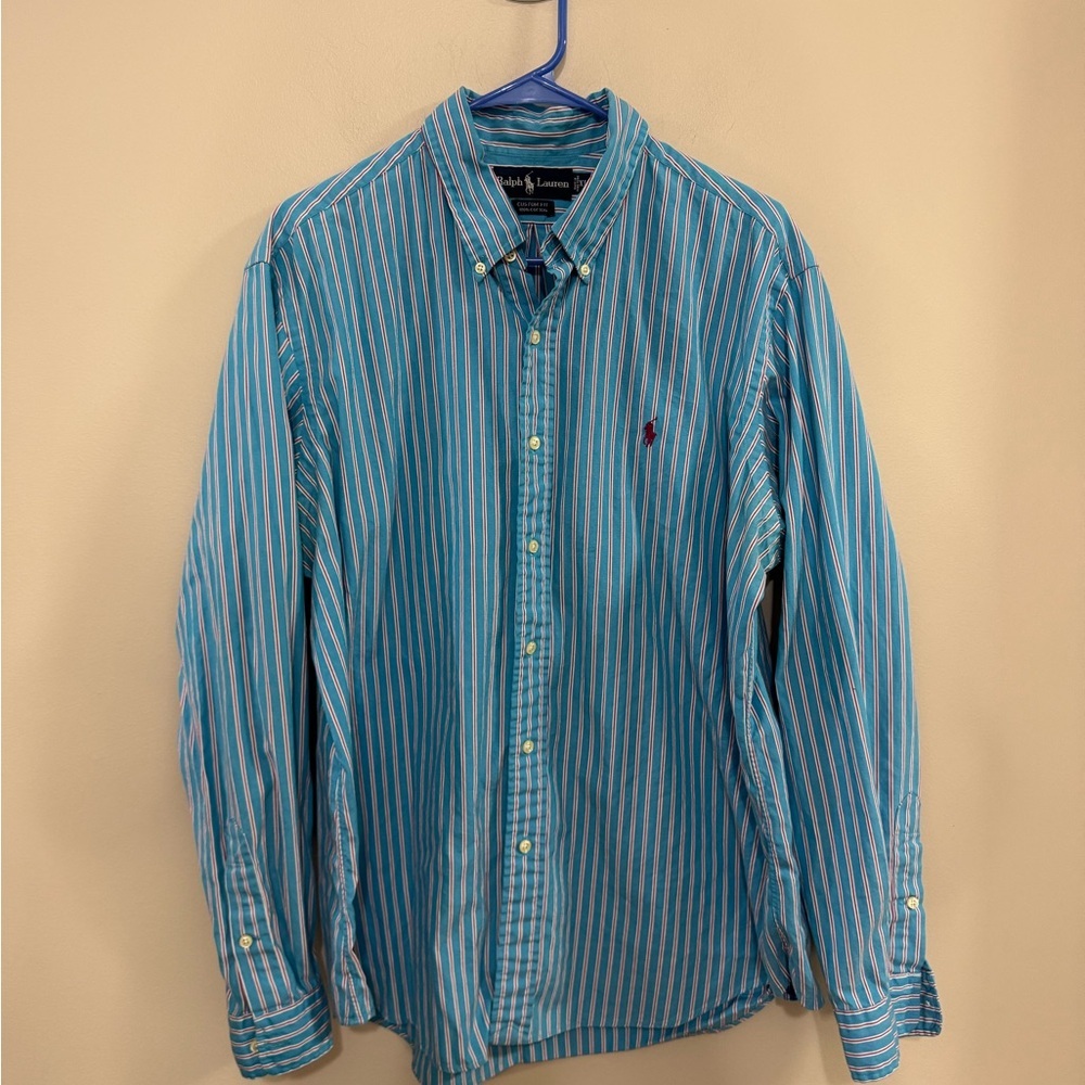 Ralph Lauren Blue Pinstriped Casual Custom Fit Button Down Shirt. Size XL